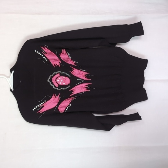 Vintage Sweaters - Vintage A'Milano Black Pink Ribbon Beaded Mock Neck Sweater Size Small